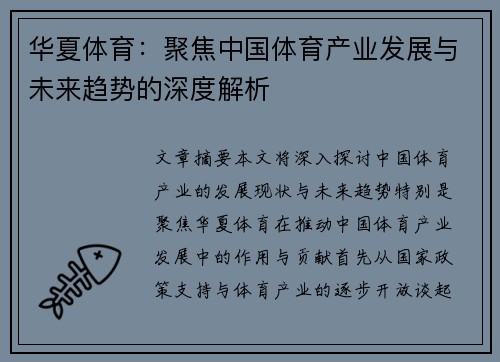 华夏体育：聚焦中国体育产业发展与未来趋势的深度解析