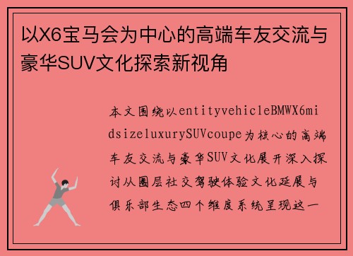 以X6宝马会为中心的高端车友交流与豪华SUV文化探索新视角