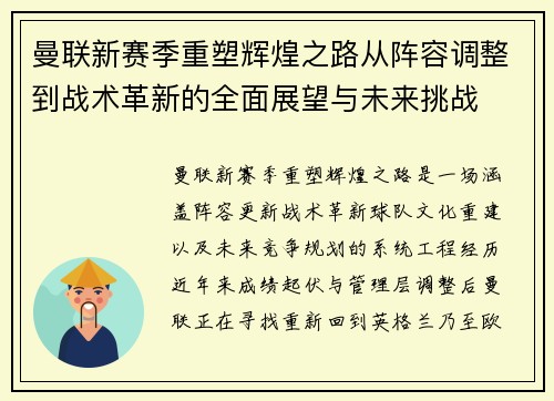 曼联新赛季重塑辉煌之路从阵容调整到战术革新的全面展望与未来挑战